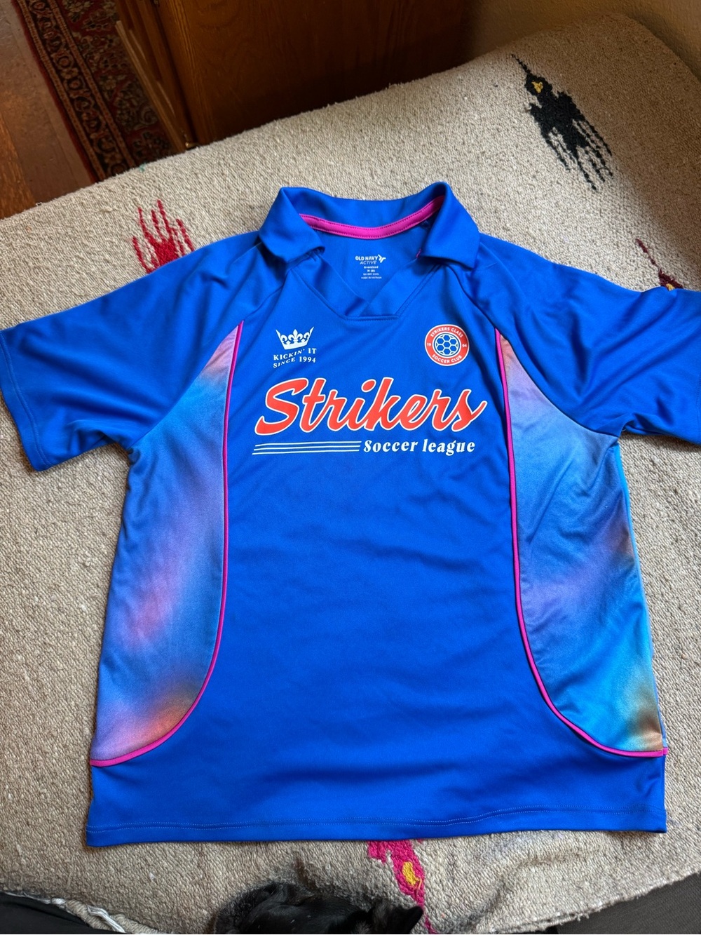 Old Navy Blue Strikers Soccer Jersey with Pink Accents